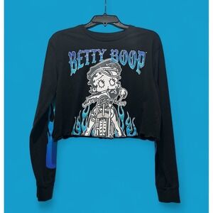Betty Boop Women's Cropped Motorcycle Blue Flames LS T Shirt Black‎ Size Medium
